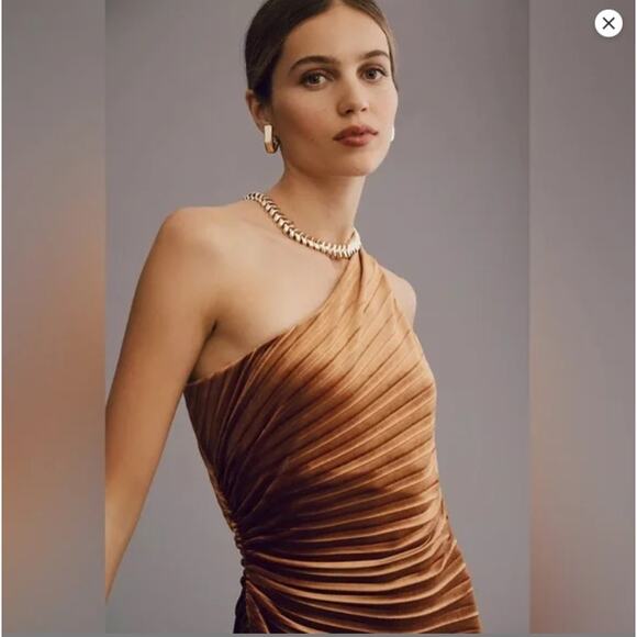 Delfi One Shoulder Velvet Pleated Brown A-Line Lea Dress - Picture 8 of 9